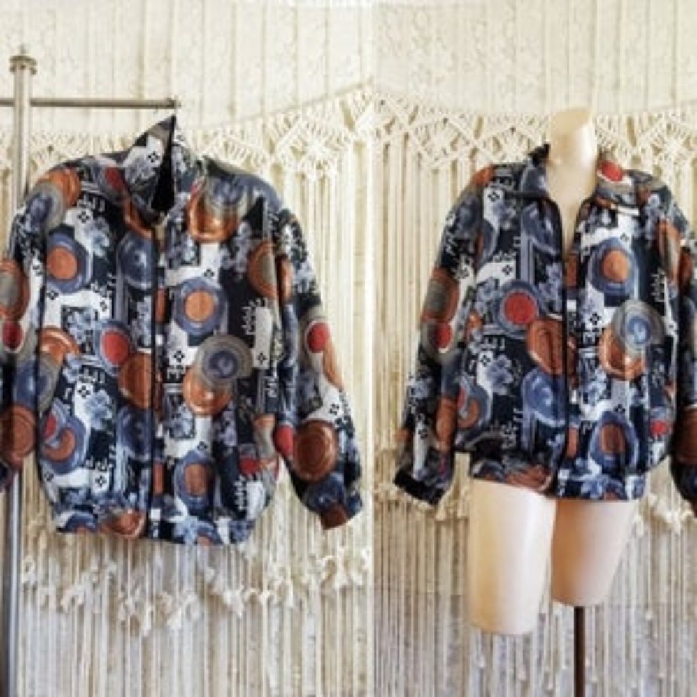 Vintage 90s 100% Silk Medallion Bomber Jacket